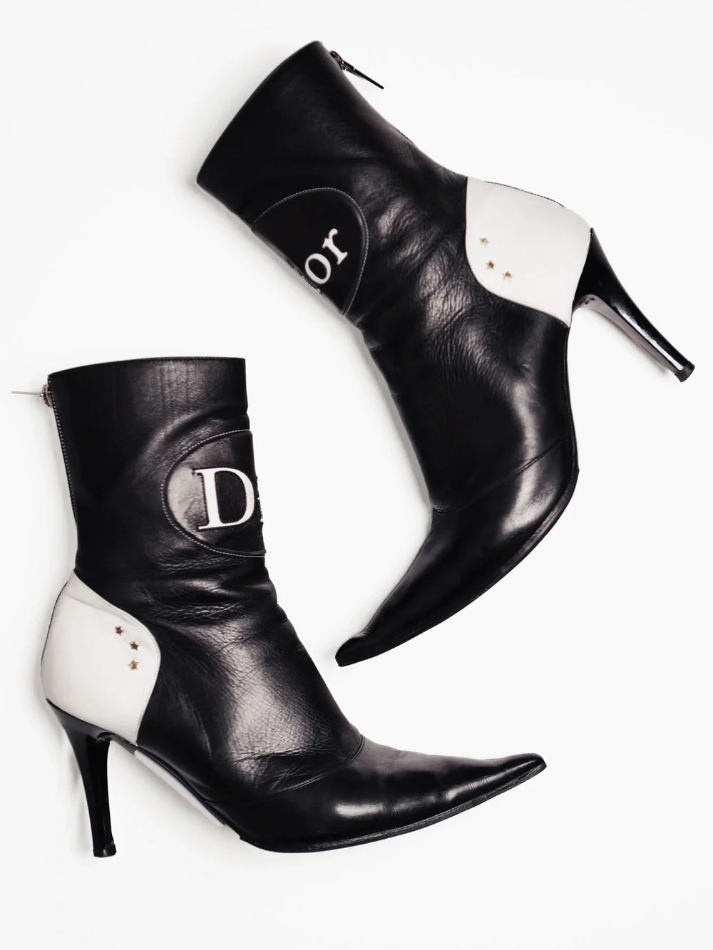 Dior Galliano Vintage Y2K Black Leather D Logo Pointed Toe Ankle Boots 37.5